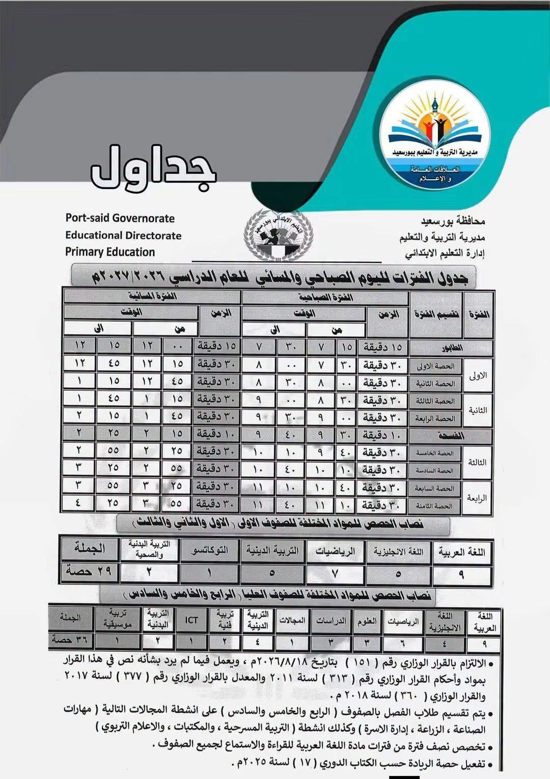 جدول حصص الأسبوع الأول للعام الدراسي 2026-2027.. ف جدول حصص الأسبوع الأول للعام الدراسي 2026-2027.. ف